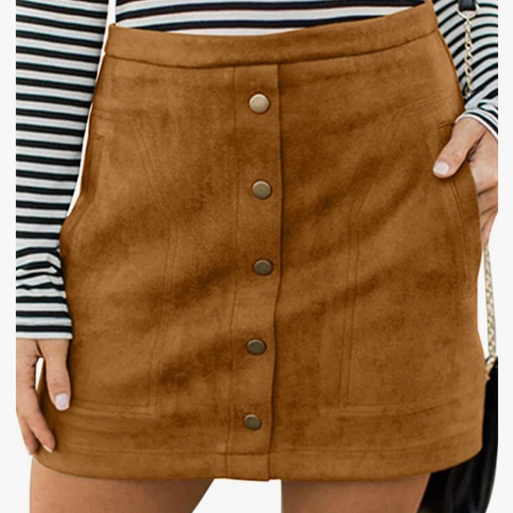 Button Front Faux Suede High Waist A-line Mini Skirt with Pocket